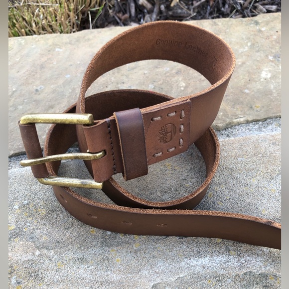 Timberland Tan Genuine Leather Belt. Brass Buckle Stamped 32. Unisex - Picture 3 of 8